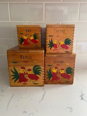 Vintage Rooster Wooden Nesting Canister Set 4 Dovetail Kitchen
